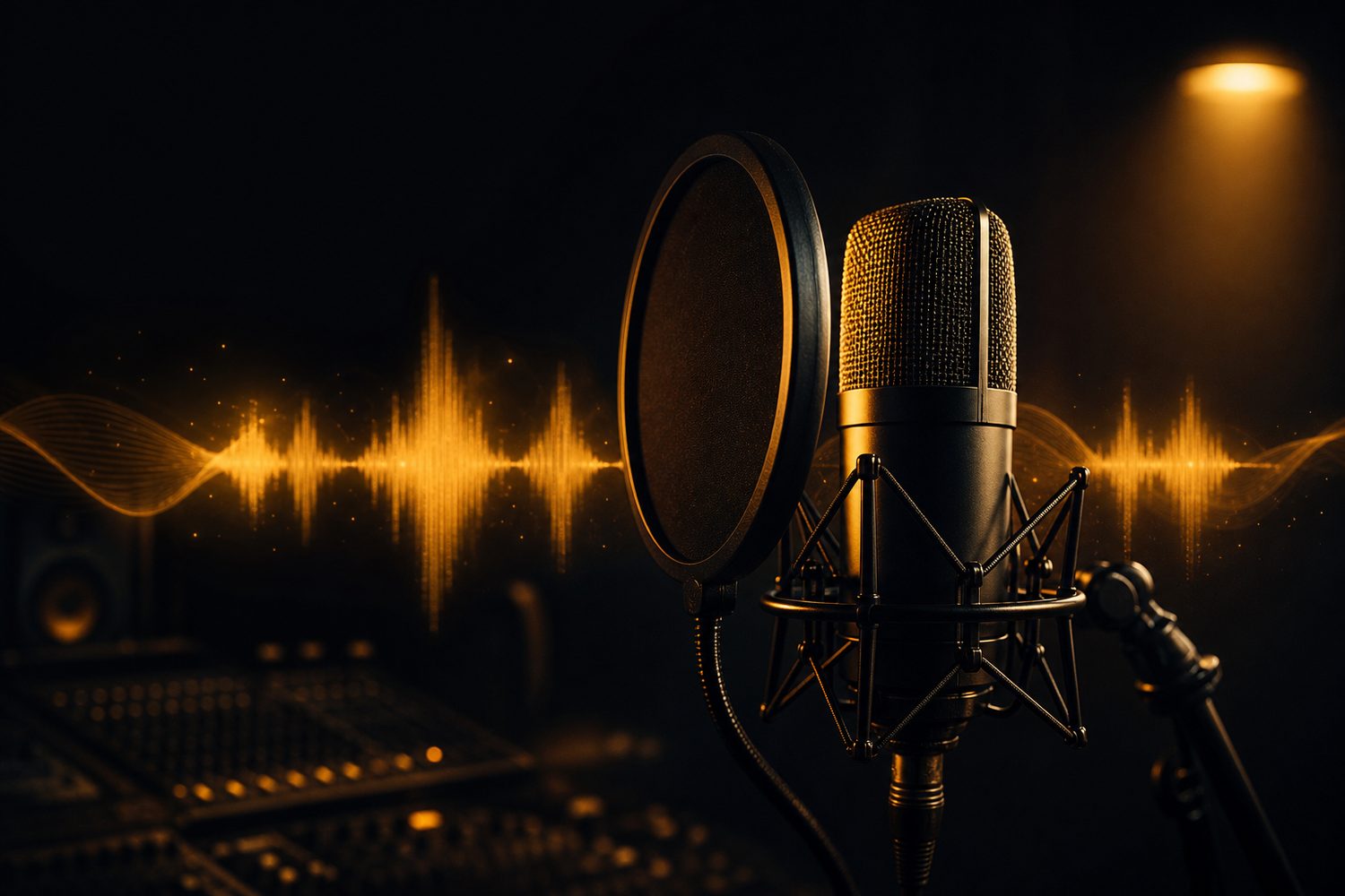 A studio microphone lit in amber with a glowing waveform