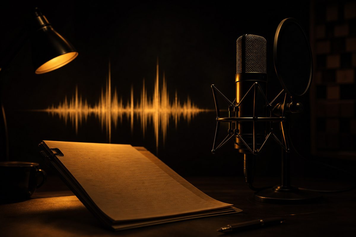 A voice-over script beside a microphone